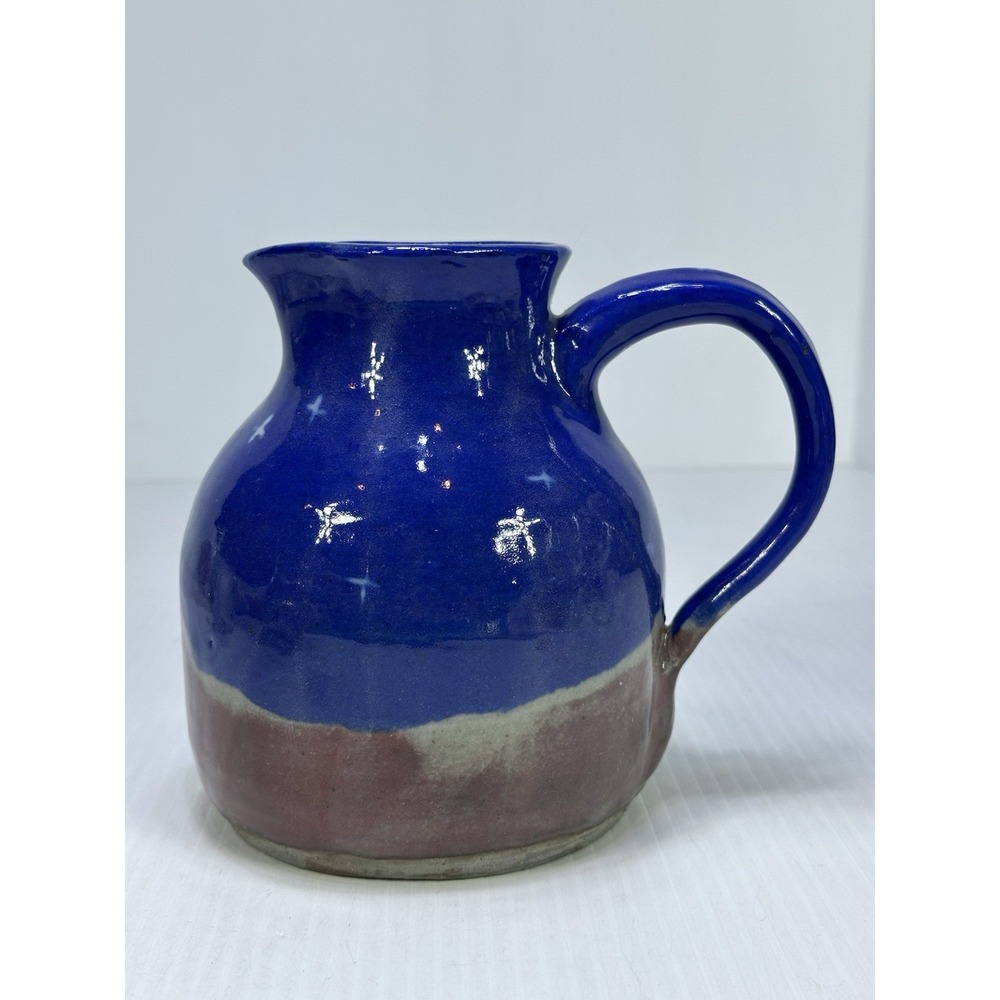 Vintage Blue Studio Pottery Hand Thrown Stoneware Pitcher Moon Stars Heavy